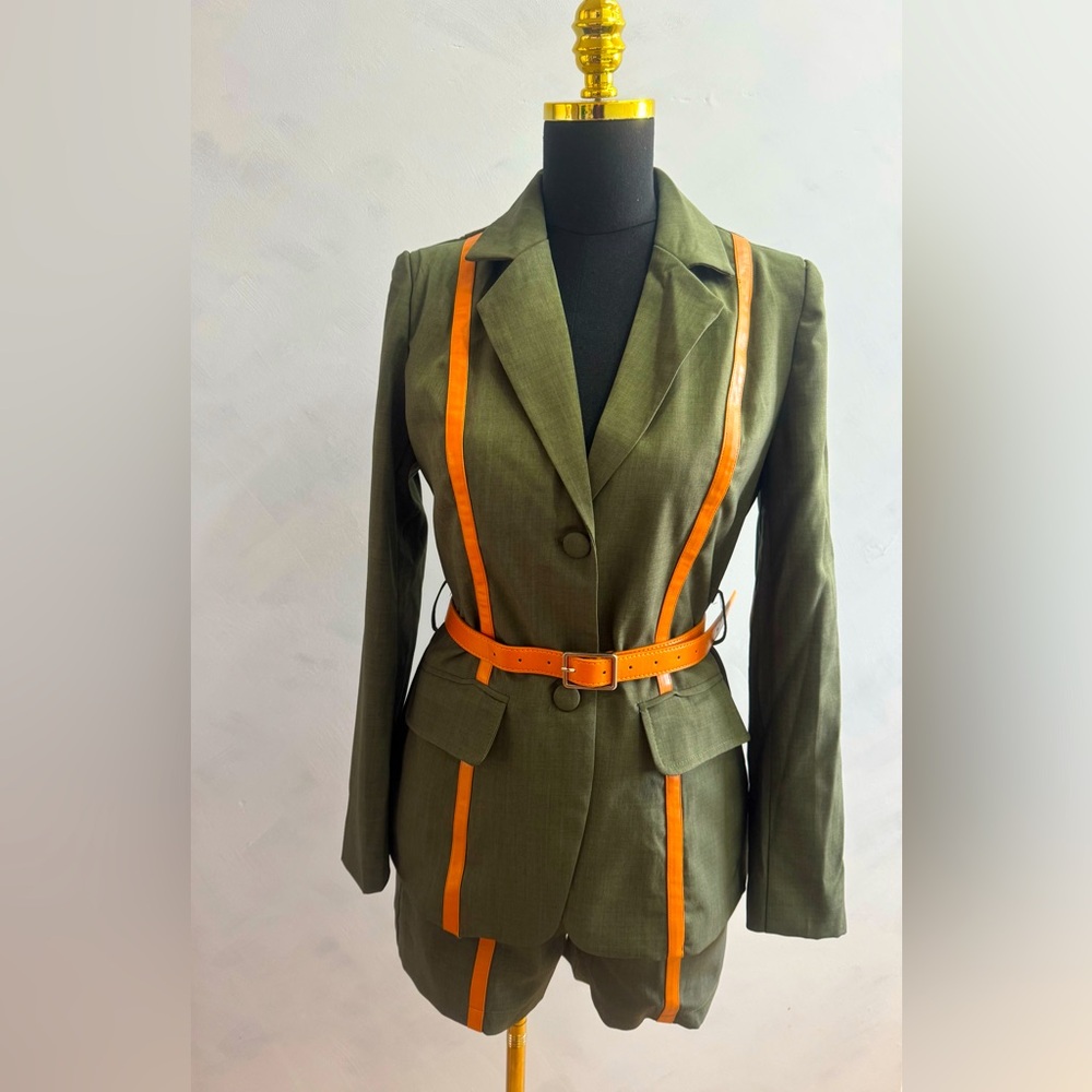 Olive Green Blazer Set with Orange Accents - Picture 2 of 2